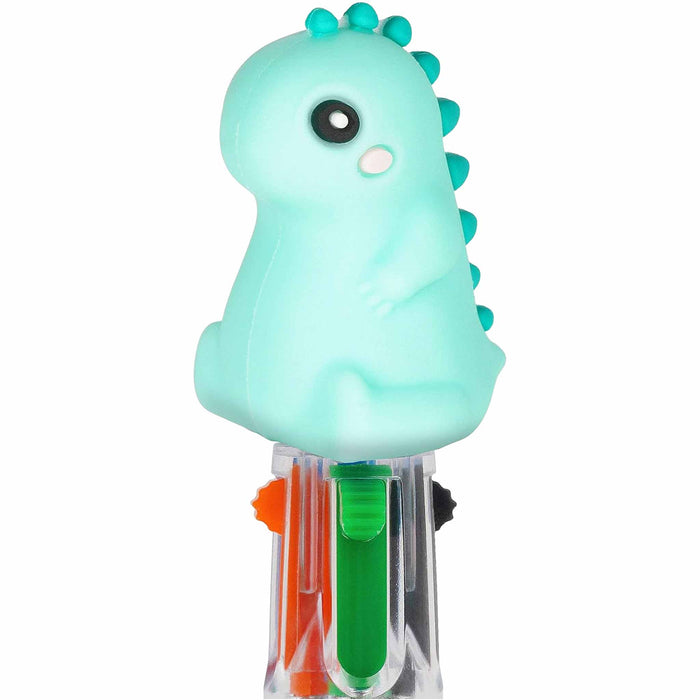 Mini 4-Colour Pen Dino Light blue dinosaur-shaped pen holder with colorful pens on a white background
