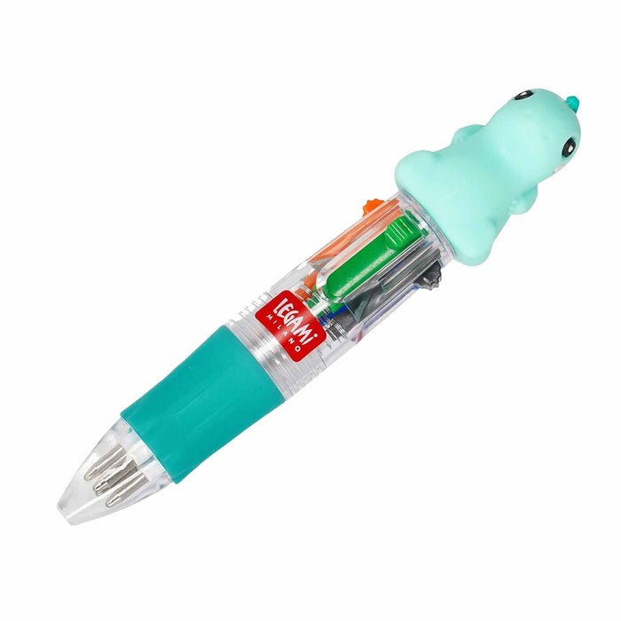 Mini 4-Colour Pen Dino Turquoise pen with a clear body and a small character on a white background