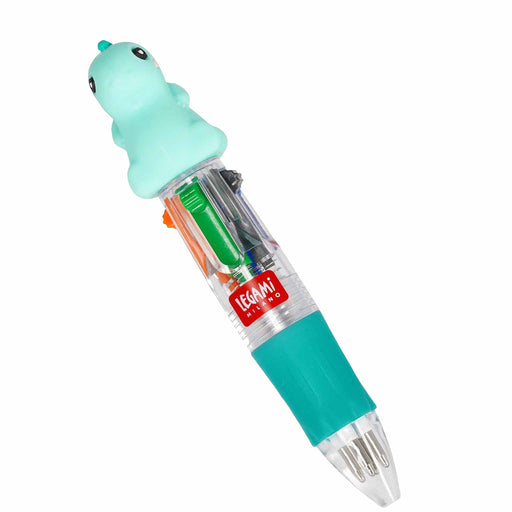 Mini 4-Colour Pen Dino Turquoise pen with a cartoon character design on a white background