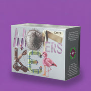 Product packaging with colorful letters and illustrations on a purple background