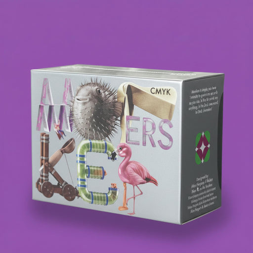 Product packaging with colorful letters and illustrations on a purple background