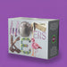 Product packaging with colorful letters and illustrations on a purple background