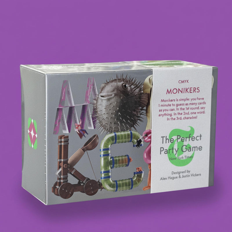 Box of 'Monikers' game with colorful design and text on a purple background