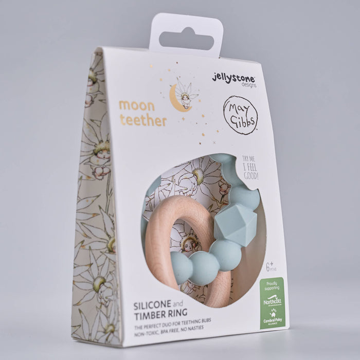 Jellystone moon teether packaging with a floral design on a gray background