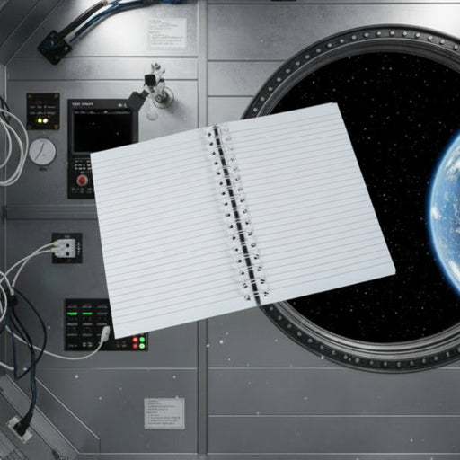 Open notebook on a space-themed background with Earth visible through a window.