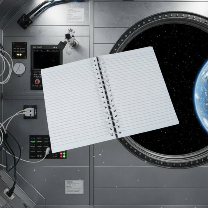 Open notebook on a space-themed background with Earth visible through a window.