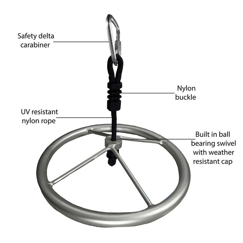Metal detector wheel with labeled components on a white background