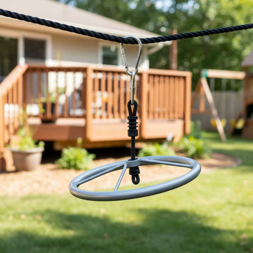 Tree swing hanging from a rope in a backyard with a wooden deck and greenery.