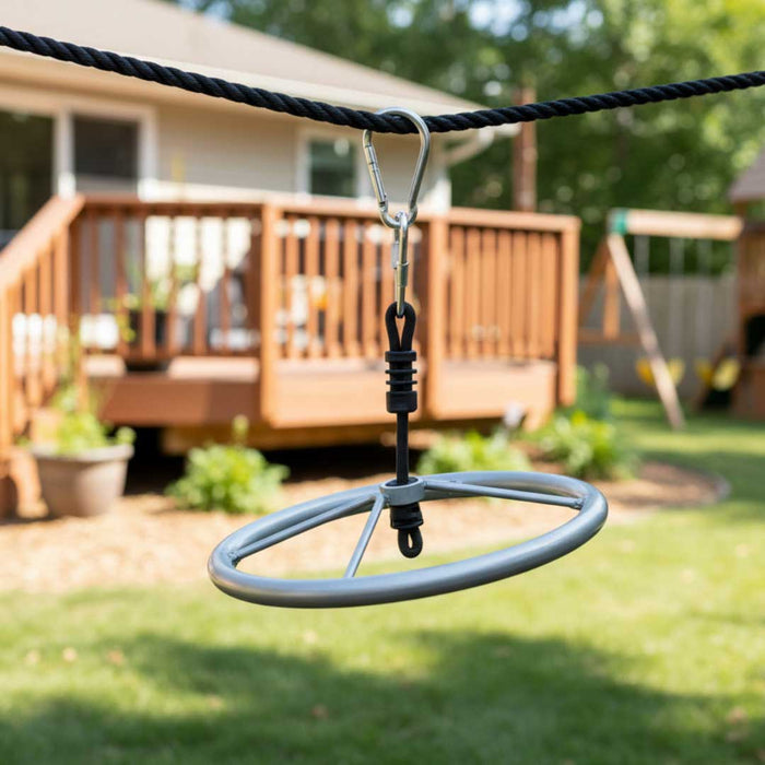 Tree swing hanging from a rope in a backyard with a wooden deck and greenery.