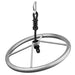 Metallic wheel with a black cord and carabiner on a white background
