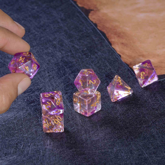 Clear Purple Threaded Resin Polyhedral Dice Set