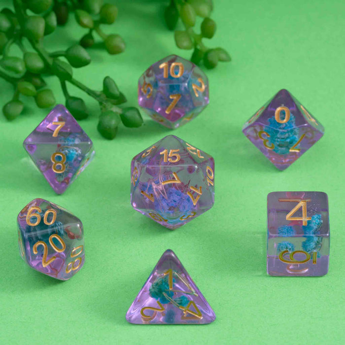 Purple and Flower Resin Polyhedral Dice Set