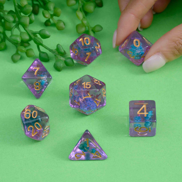 Purple and Flower Resin Polyhedral Dice Set