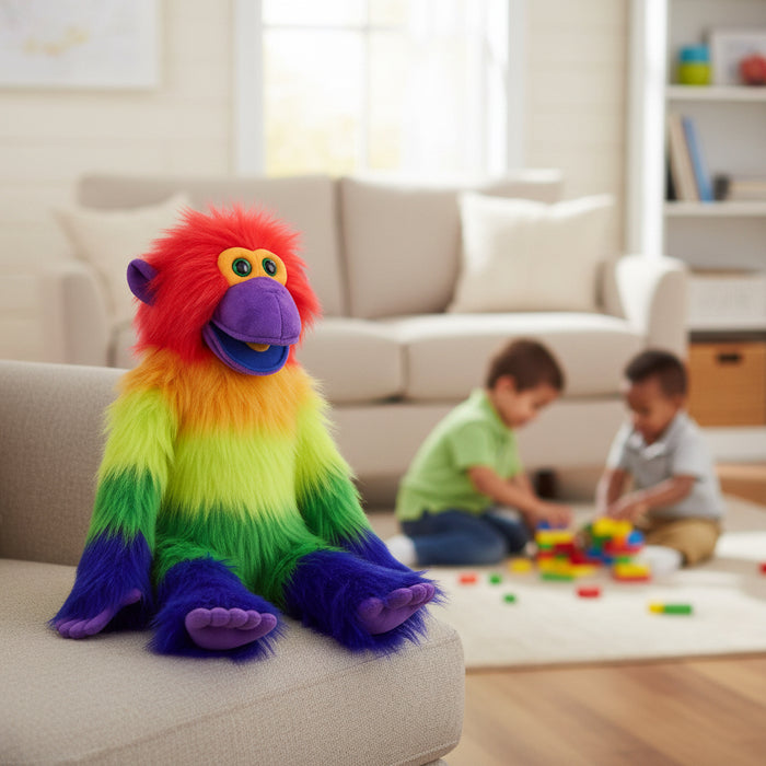 A colorful rainbow plush monkey toy sits on the arm of a beige sofa in a living room, with two children playing in the softly blurred background.