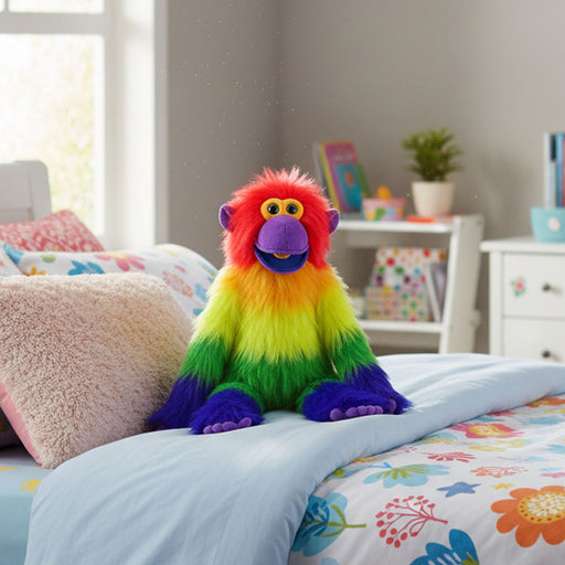 A colorful plush monkey toy with rainbow fur sits on a bed in a child's bedroom. The toy has red hair, a purple snout and mouth, a yellow and green body, and purple feet and hands.