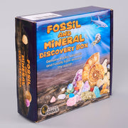Fossil and mineral discovery box packaging with images of fossils and minerals on a gray background