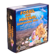 Fossil and mineral discovery box packaging with images of fossils and minerals on a white background