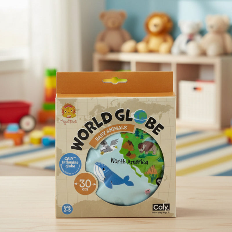 Package of Caly inflatable world globe for babies with a map of North America.