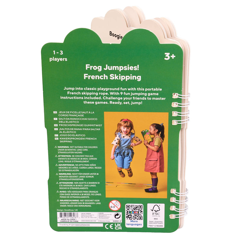 Frog Jumpsies! French Skipping game packaging with two children on a yellow background
