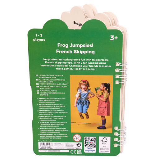 Frog Jumpsies! French Skipping game packaging with two children on a yellow background