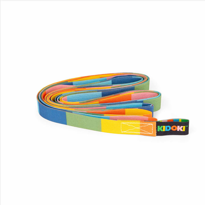 Colorful resistance band with 'KIDOKI' branding on a white background