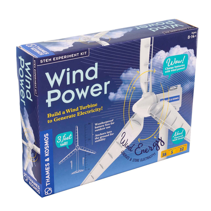 Box of a wind power STEM experiment kit with a wind turbine design on a blue background.