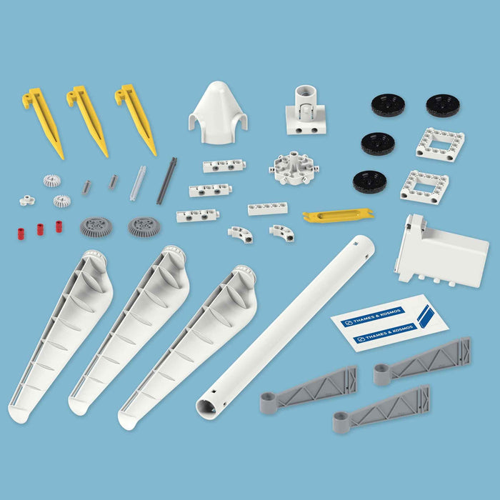 Set of mechanical components of a wind power on a blue background