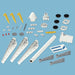 Set of mechanical components of a wind power on a blue background