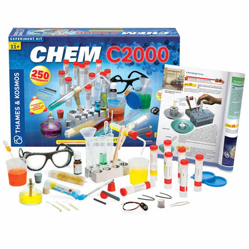 Chemistry experiment kit with components and packaging on a white background