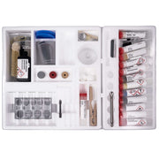 Open kit with various tools and components on a white background