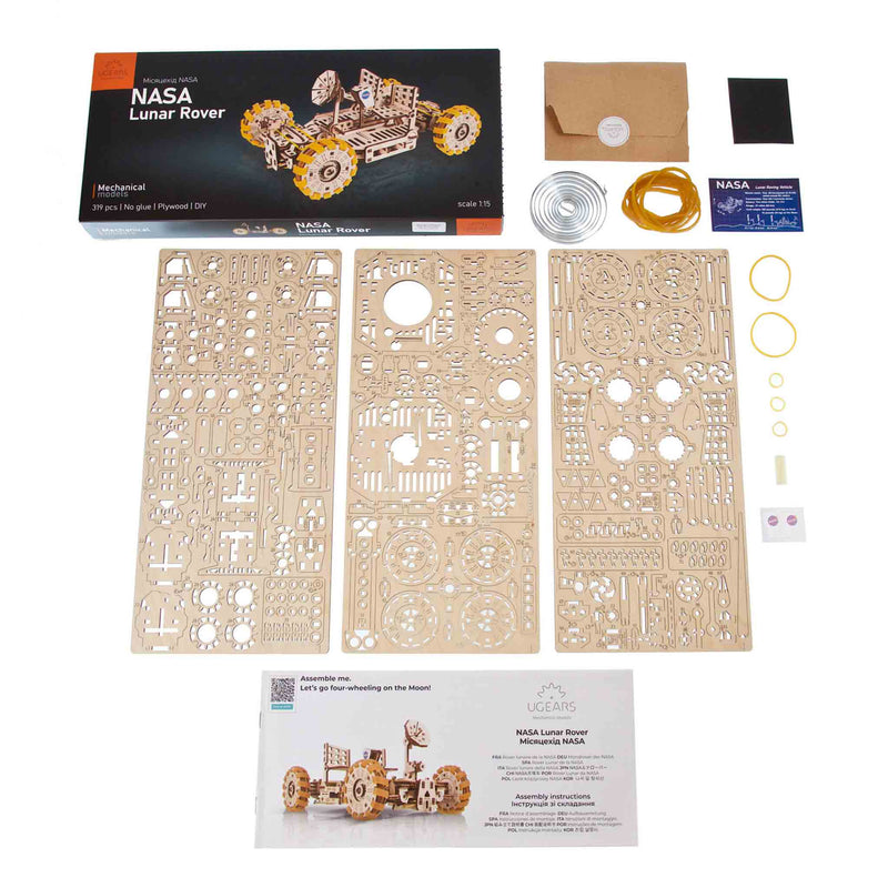 UGears NASA mechanical model NASA Lunar Rover model kit with laser-cut pieces and packaging on a white background