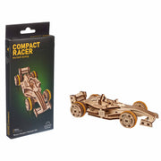 Ugears Compact Racer model Compact Racer wooden model car and its packaging on a white background