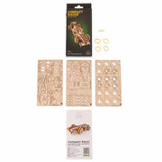Ugears Compact Racer model Wooden model kit components and packaging for 'Compact Racer' on a white background