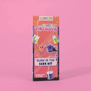 Glow in the dark kit packaging with cartoon characters on a pink background