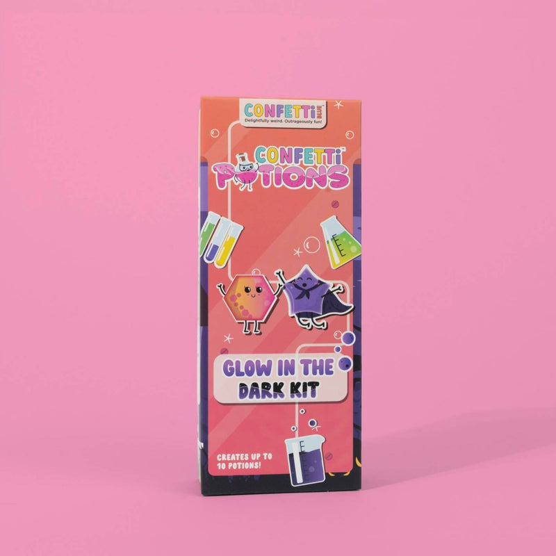 Glow in the dark kit packaging with cartoon characters on a pink background