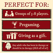 Red and beige sign with text and icons about game suitability for different scenarios.