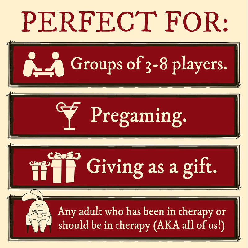 Red and beige sign with text and icons about game suitability for different scenarios.