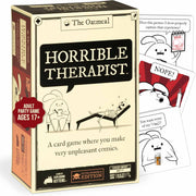 Card game box for 'Horrible Therapist' with cartoon characters and text.