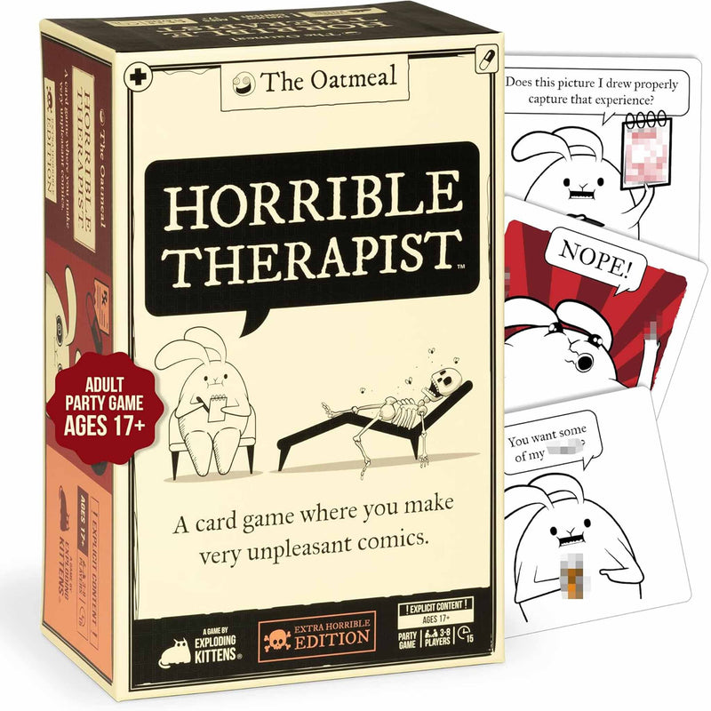 Card game box for 'Horrible Therapist' with cartoon characters and text.