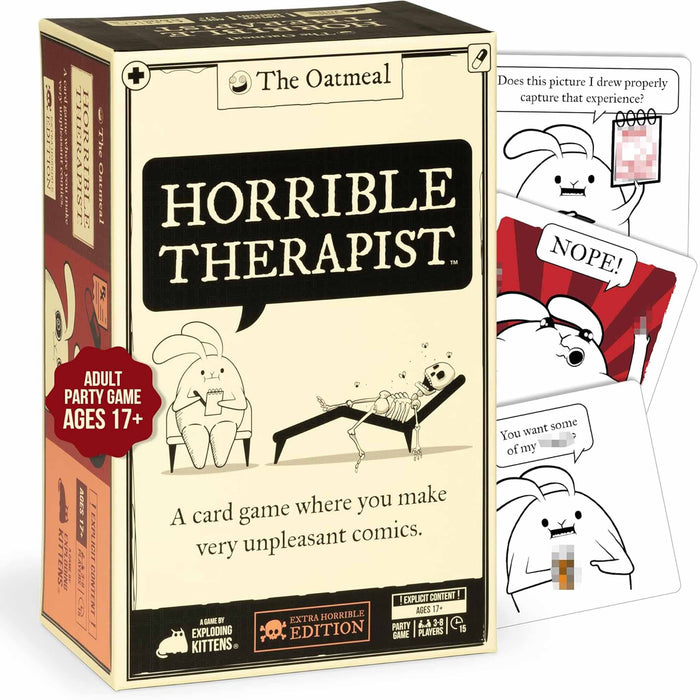Card game box for 'Horrible Therapist' with cartoon characters and text.