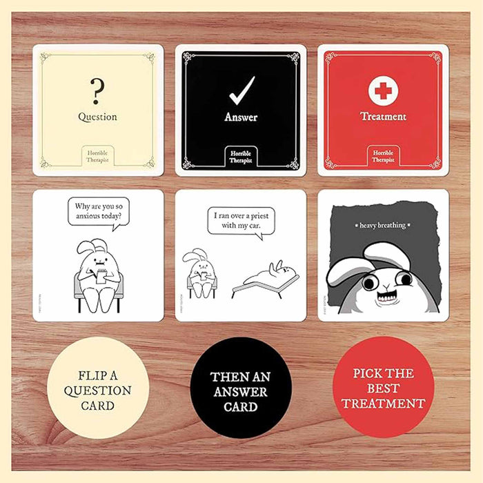 Set of cards with humorous illustrations and text on a wooden surface