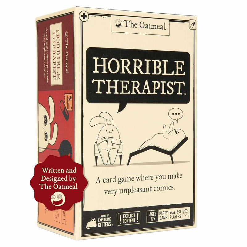 Box of 'Horrible Therapist' card game by The Oatmeal on a white background