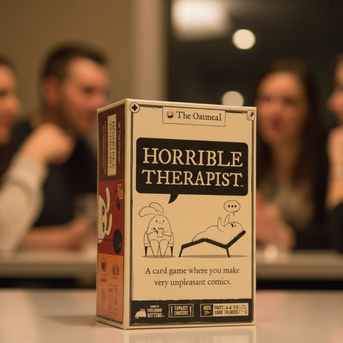 Box of 'Horrible Therapist' card game with people in the background