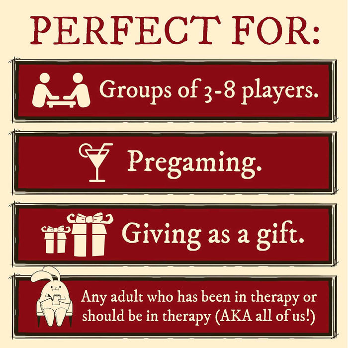 Red and beige sign with text and icons about game suitability for different scenarios.