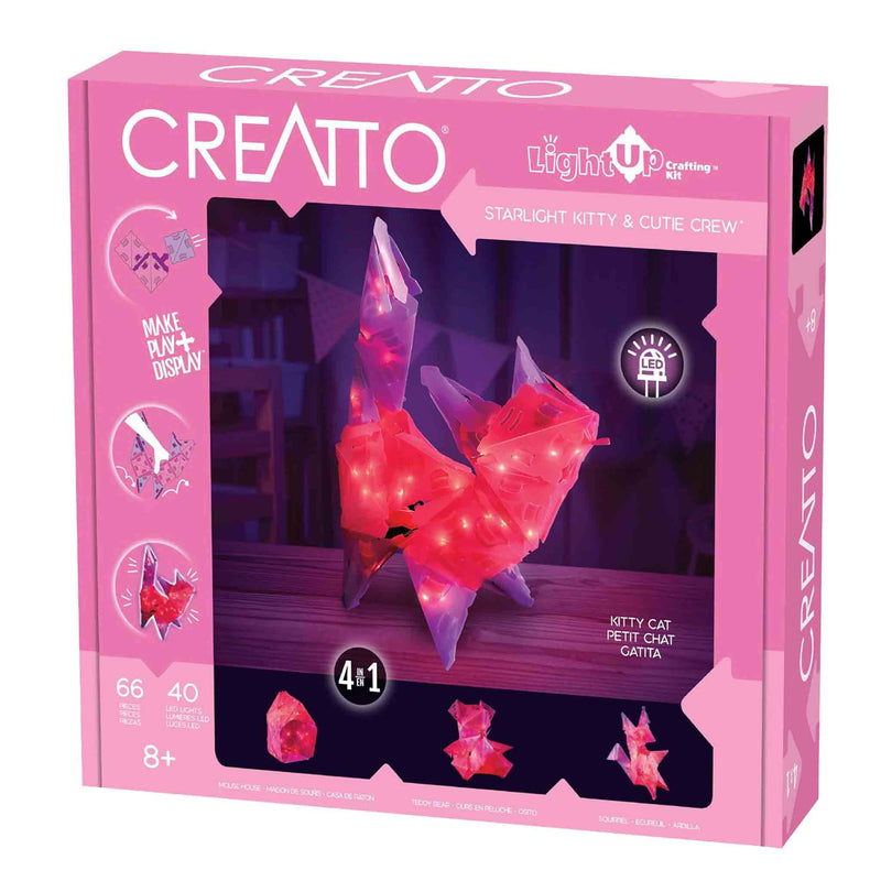 CREATTO toy packaging with a pink and purple cat figure inside, on a white background.