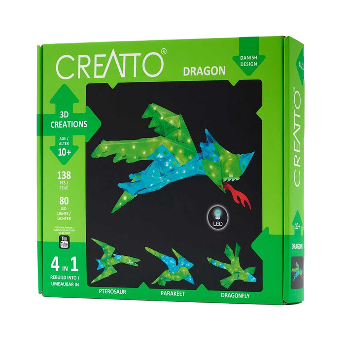 CREATTO dragon 3D creation set packaging with green and blue dragon illustration on a black background