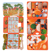 Children's educational puzzle with animal and nature-themed pieces on an orange background