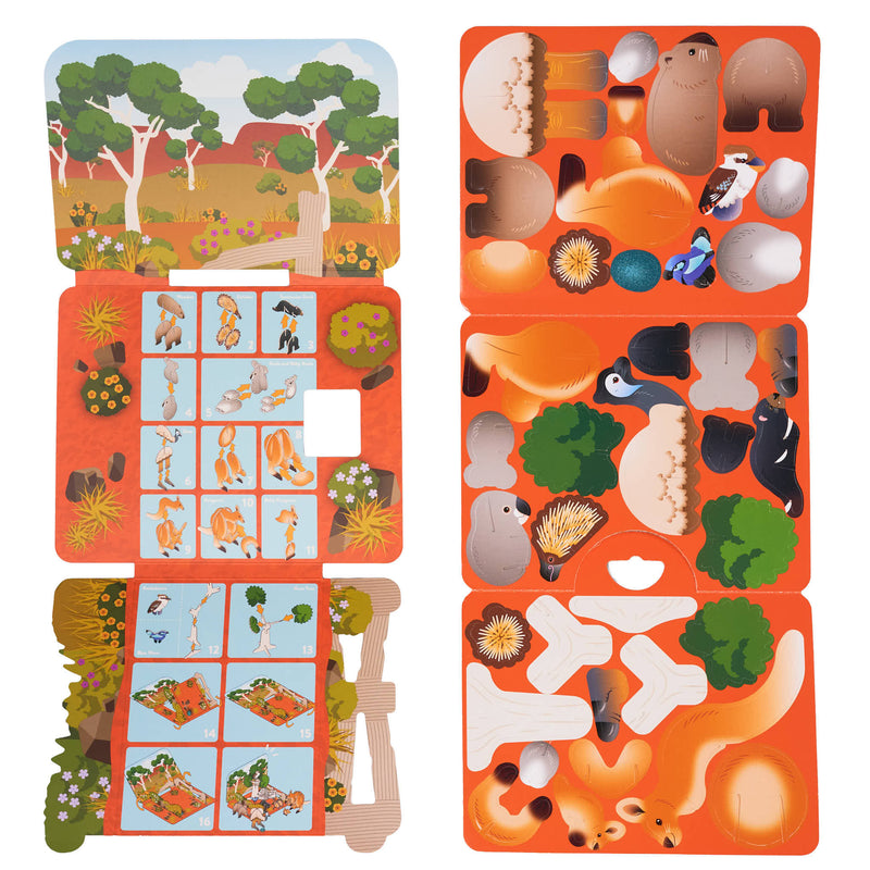 Children's educational puzzle with animal and nature-themed pieces on an orange background
