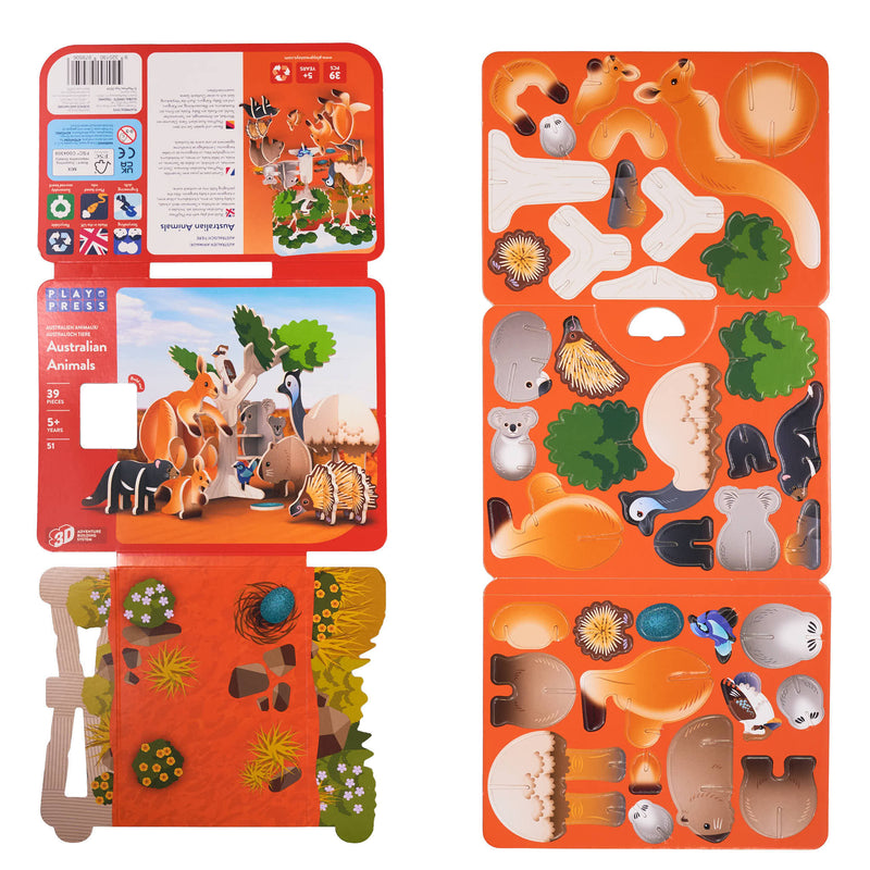 Educational toy set with Australian animals on an orange background