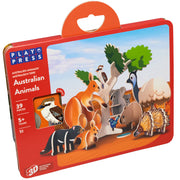 Play Press Australian Animals toy set packaging with various animals and a tree.